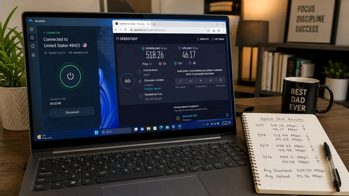 A Windows 11 laptop on a desk running a VPN app's connection screen next to a browser speed-test result, with a notepad of handwritten Mbps figures beside the trackpad in a home-office setting.