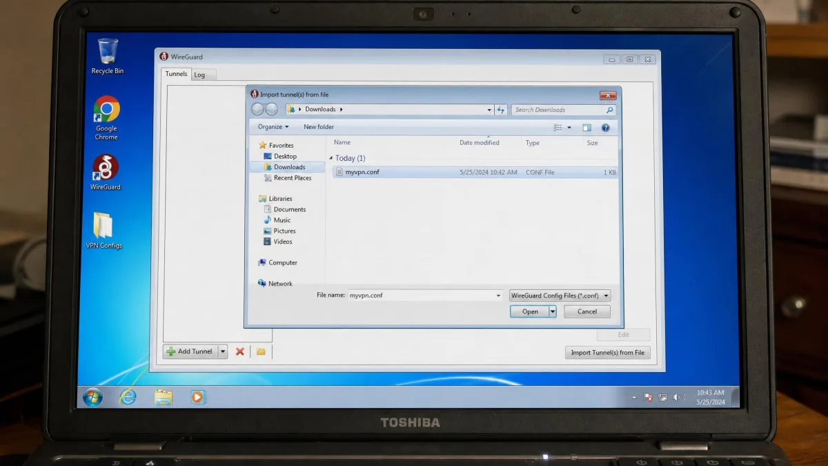 An older Windows laptop screen showing a manual WireGuard configuration being imported into a VPN client, with a downloaded config file visible in the file dialog.