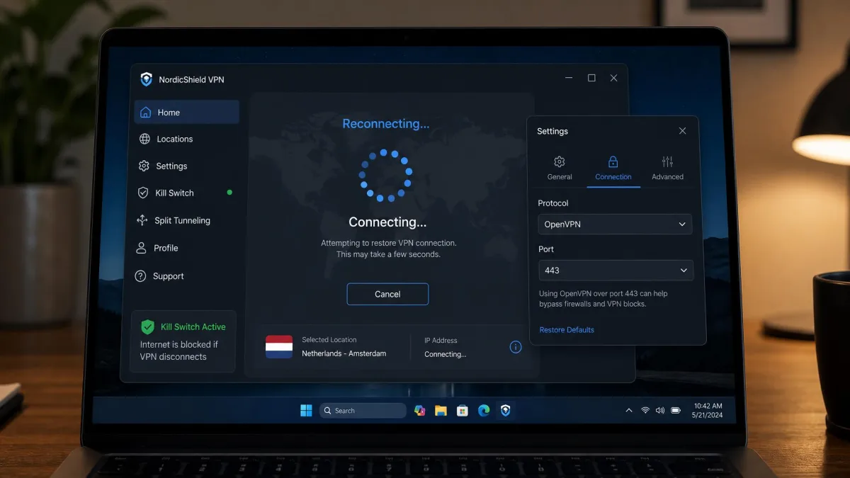 A laptop screen showing a VPN app mid-reconnect with a "connecting" spinner and a kill switch active notice, and a small settings panel with the protocol set to OpenVPN over port 443.