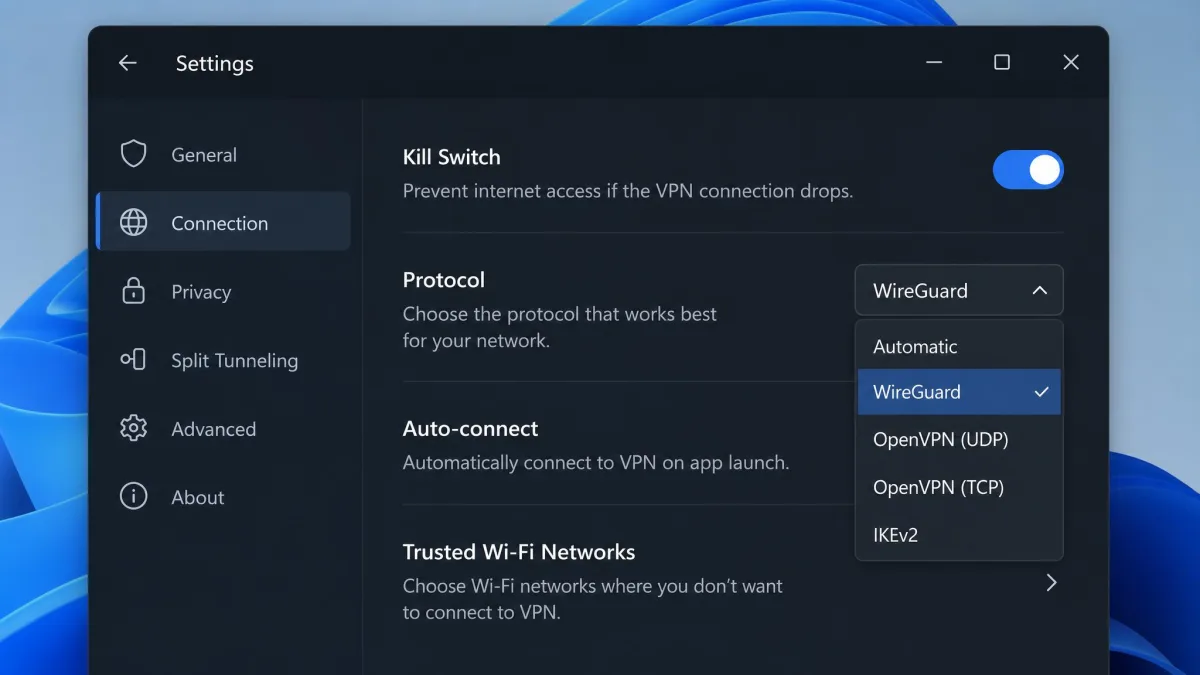 A close-up of a VPN app's settings screen on Windows 11 with the kill switch toggle switched on and the protocol dropdown open showing WireGuard selected.
