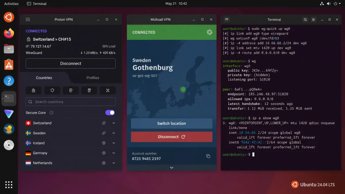 A Linux desktop showing three VPN apps open side by side on Ubuntu, illustrating the mix of graphical and command-line clients tested in this roundup.