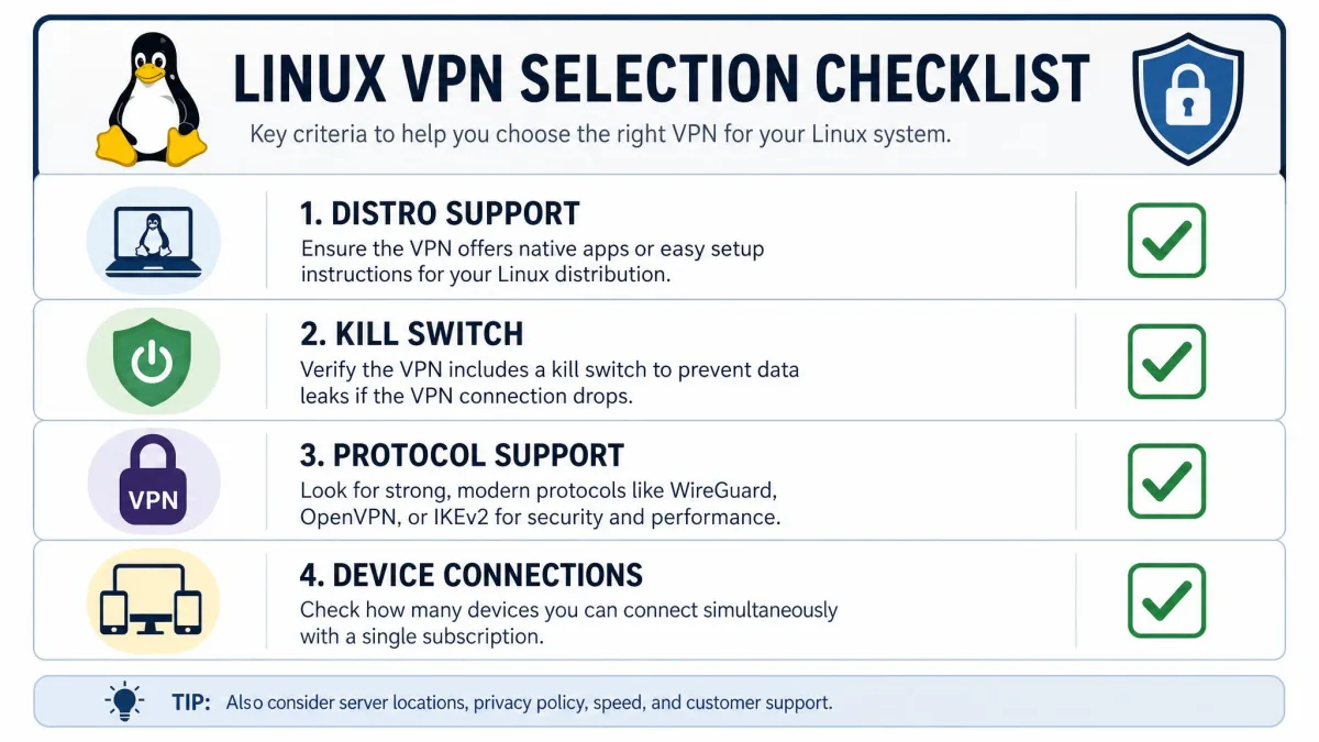 A checklist graphic showing key Linux VPN selection criteria including distro support, kill switch, protocol, and device count.