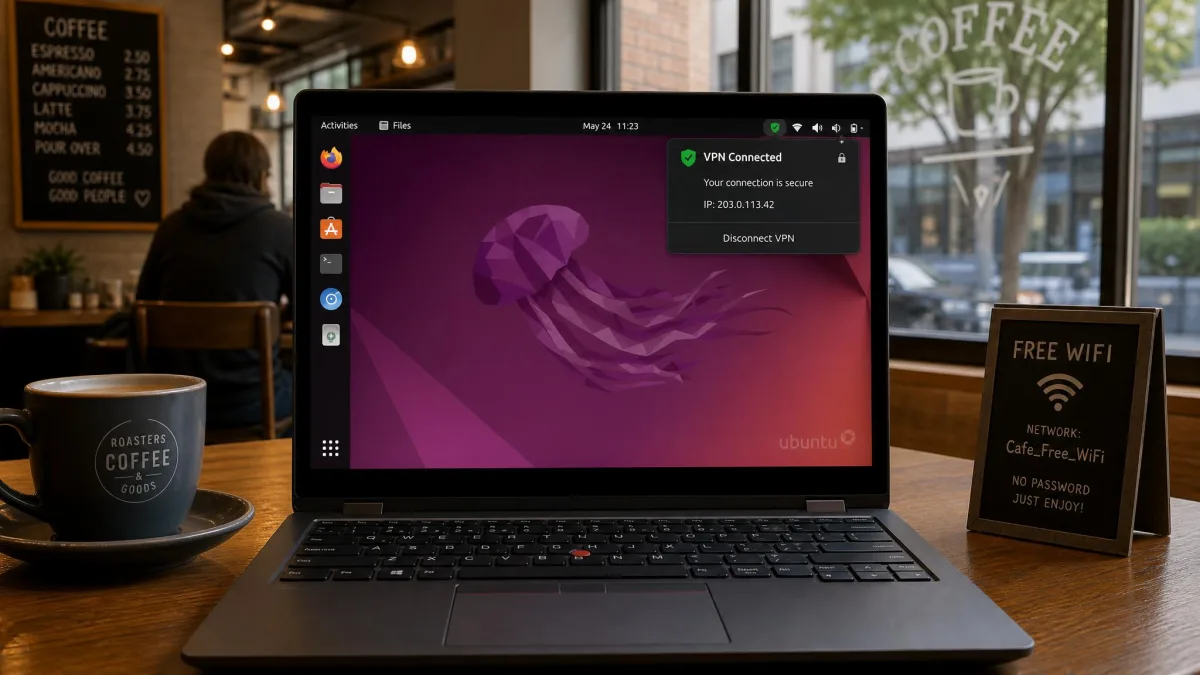 A laptop running Linux connected to public Wi-Fi in a cafe with a VPN status indicator showing an encrypted connection in the menu bar.