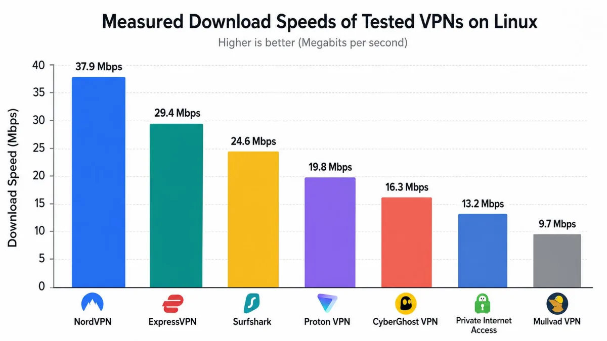 A bar chart comparing measured download speeds of the tested VPNs on Linux, with NordVPN leading at 37.9 Mbps and other services trailing.
