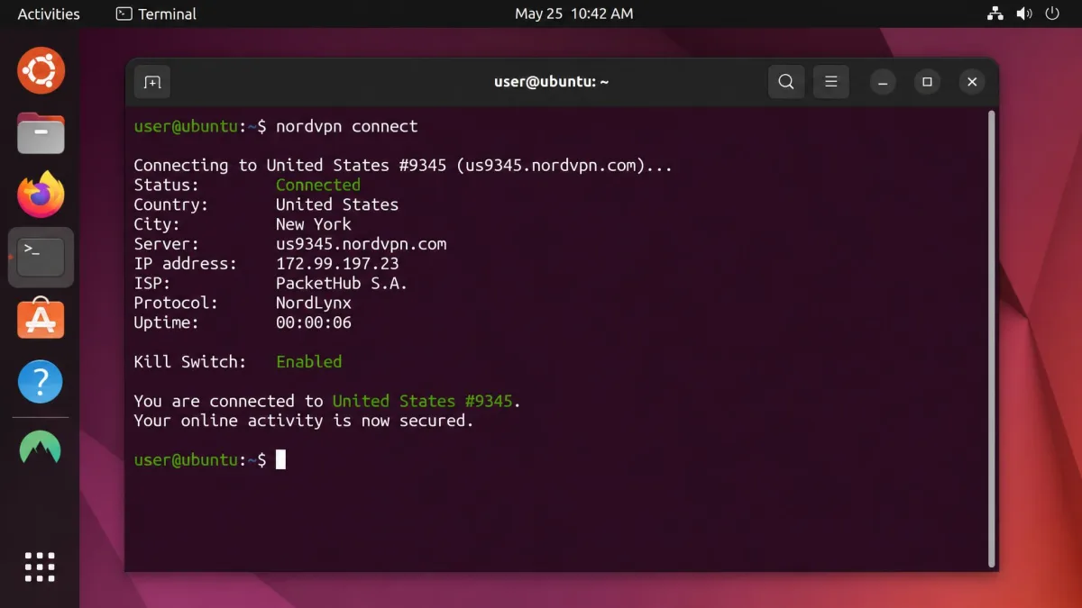 A Linux terminal on Ubuntu showing the nordvpn connect command running, with the client reporting a successful connection to a United States server and the kill switch enabled.