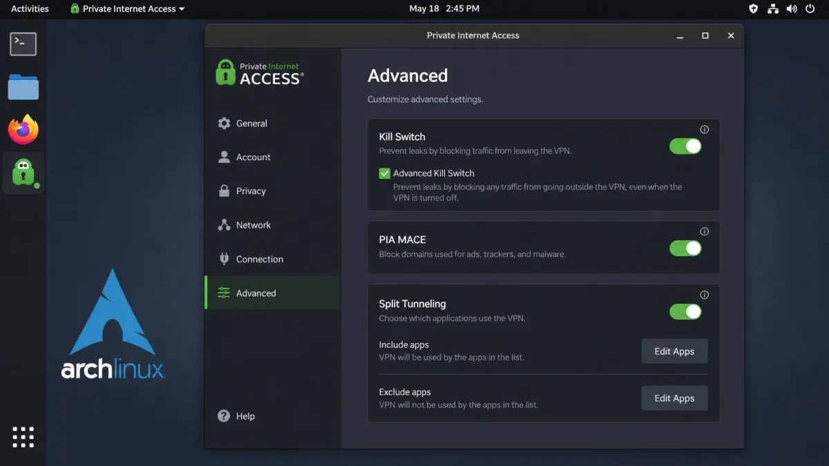 Private Internet Access Linux client on Arch Linux, showing the advanced settings screen with the kill switch, PIA MACE, and split tunneling options visible.
