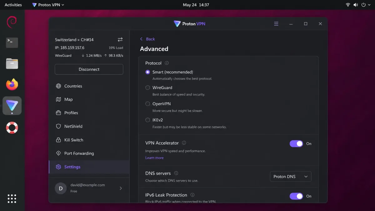Proton VPN's Linux GUI open on Debian, showing the advanced settings panel with protocol selection and the VPN Accelerator toggle enabled.