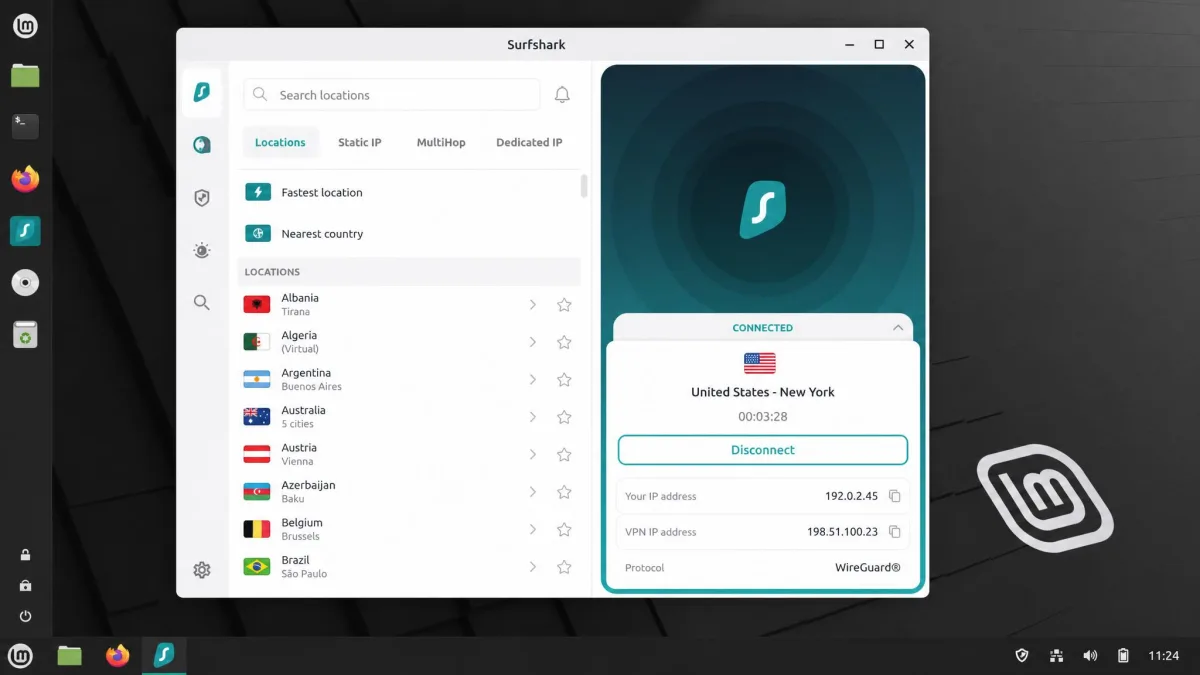 Surfshark's Linux GUI app open on Linux Mint, showing the country server list on the left and a connected status panel with the current IP address on the right.