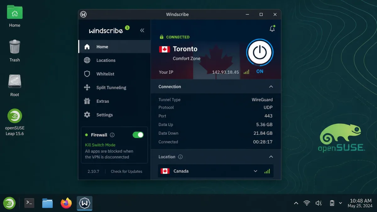Windscribe's Linux GUI open on openSUSE, showing the firewall kill-switch mode enabled and a connected server in Canada.