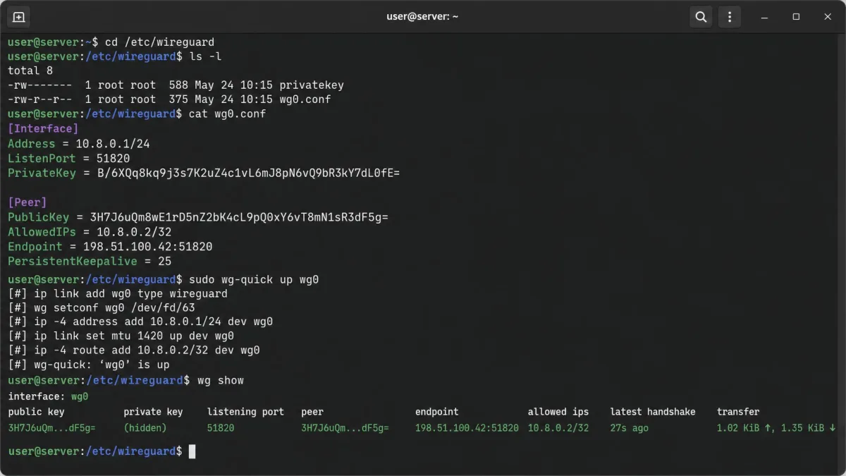 A Linux terminal showing a WireGuard configuration file in /etc/wireguard and the wg-quick up command bringing the tunnel online.