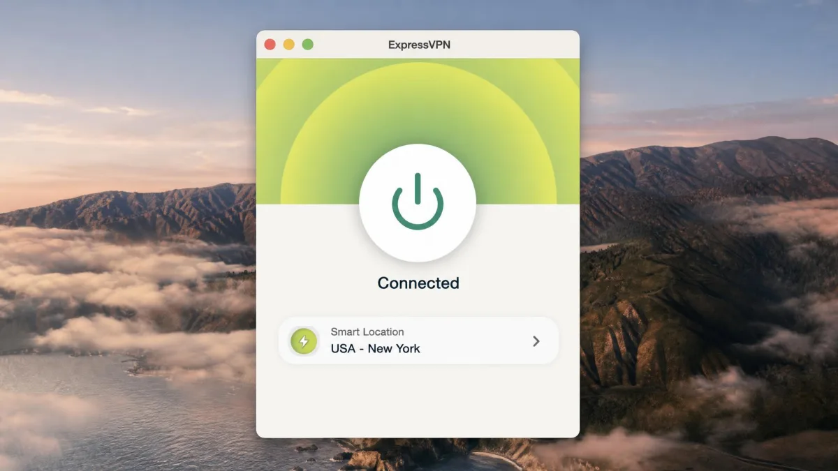 ExpressVPN's minimalist macOS app showing the single large power button connected to a smart-location server, with no protocol menus visible.
