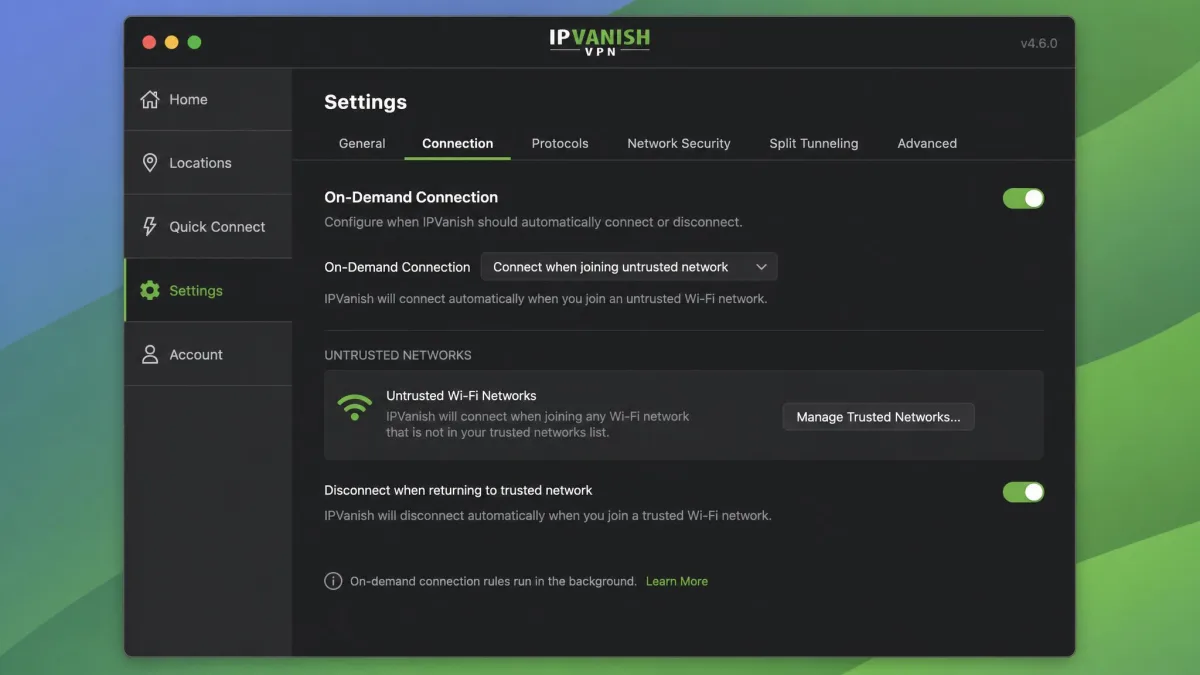 IPVanish's macOS app settings screen showing on-demand connection rules configured to auto-connect when joining an untrusted Wi-Fi network.