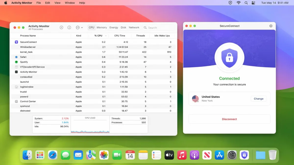 The macOS Activity Monitor showing a VPN app running as an Apple Silicon native process, next to the app's connection window on an M-series Mac.