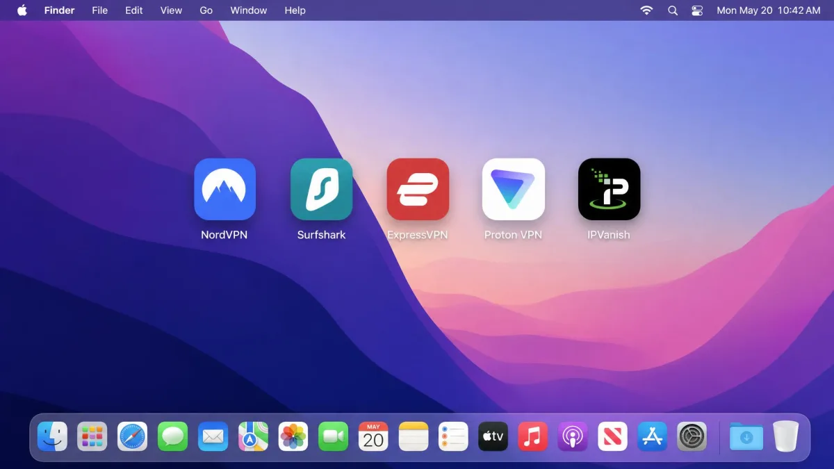 Five VPN app icons for NordVPN, Surfshark, ExpressVPN, Proton VPN, and IPVanish arranged on a macOS desktop, representing the roundup lineup.