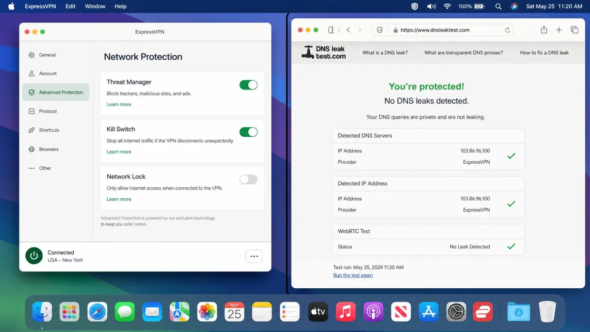 A macOS screen split between a VPN app's kill switch setting and a DNS leak-test website reporting no leaks, demonstrating the leak-test workflow.