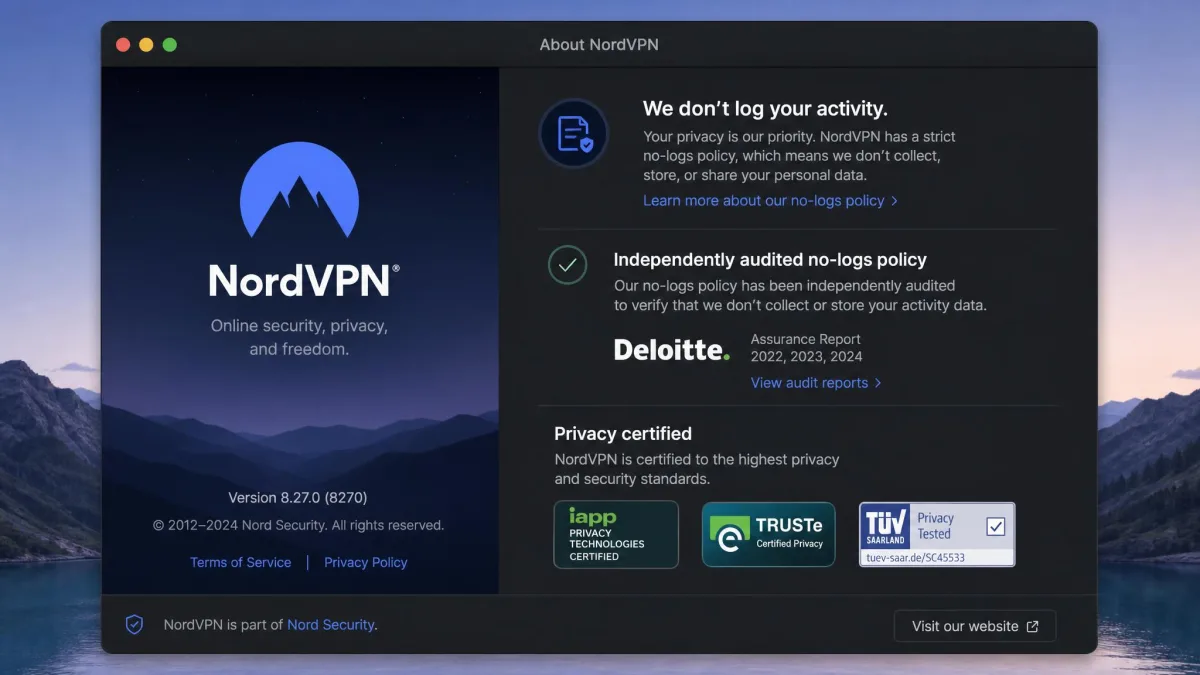 A NordVPN macOS about screen showing its independently audited no-logs policy and privacy certification badges.
