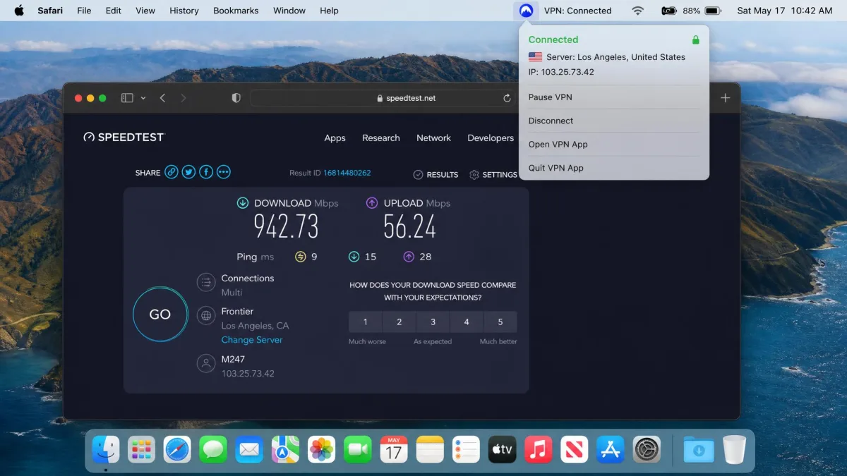 A macOS menu bar showing a VPN app connected to a nearby server, with a browser speed-test result open below reporting download throughput on an Apple Silicon Mac.