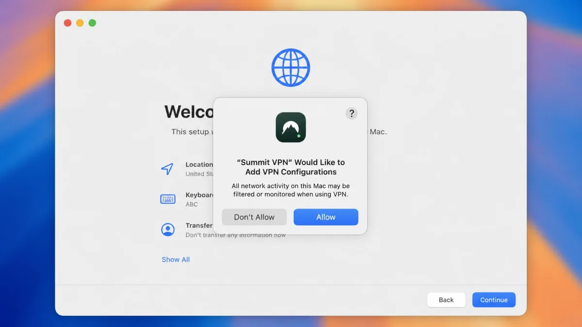 A macOS System Settings prompt asking to allow a VPN app to add VPN configurations, shown during first-run setup on a Mac.