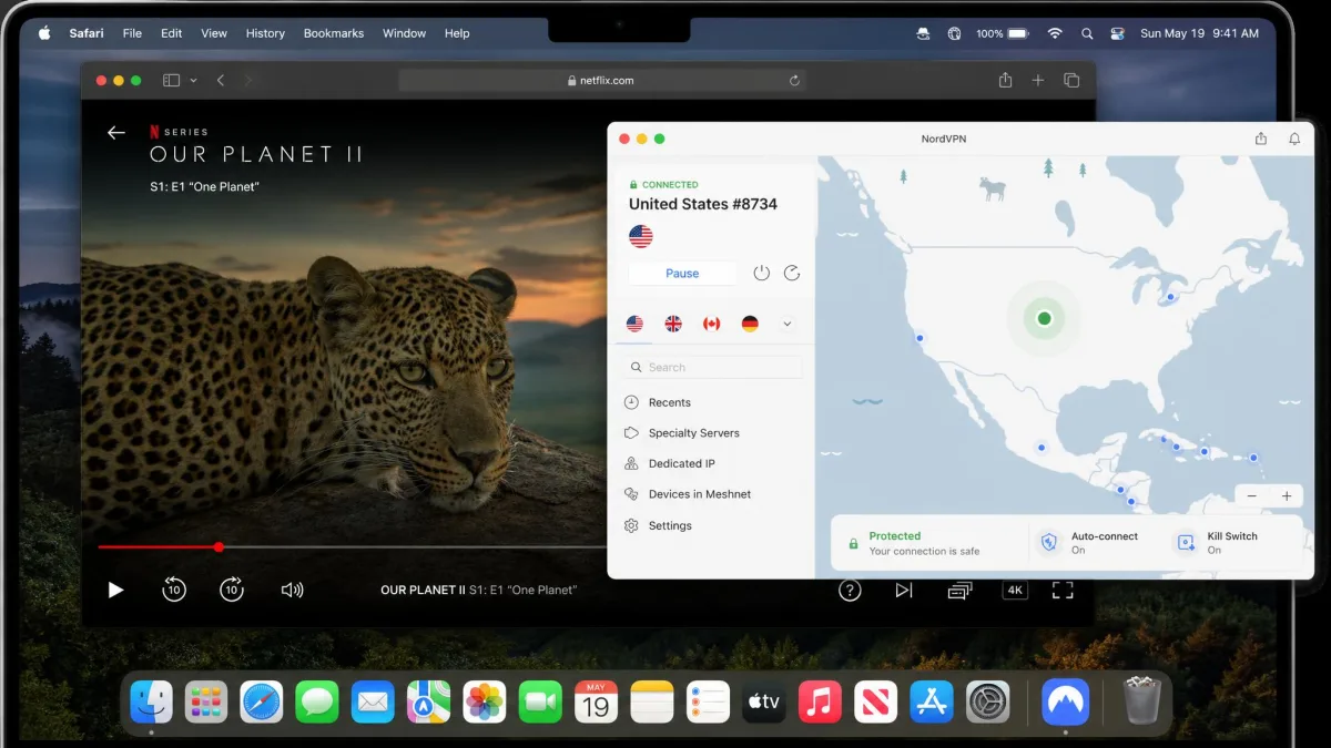 NordVPN's macOS app connected to a US server in the foreground with a 4K Netflix stream playing in a browser window behind it on a MacBook.