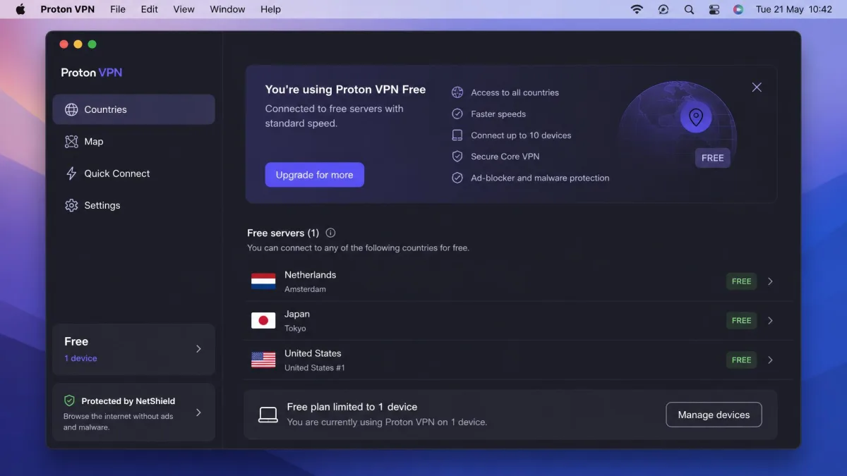 Proton VPN's free tier on macOS showing the limited list of free server countries available to a single device.