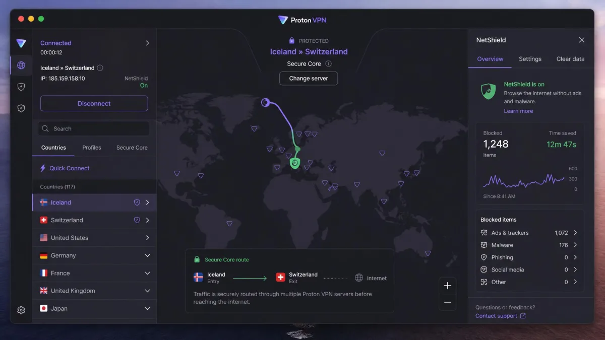 Proton VPN's macOS app showing the Quick Connect world map with Secure Core routing enabled and the NetShield ad-blocker panel open on the right.