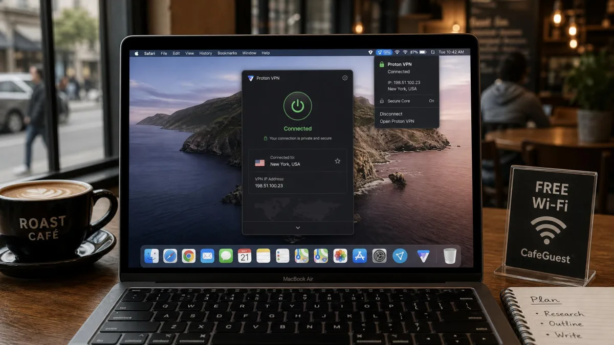 A MacBook on a cafe table connected to public Wi-Fi with a VPN app active in the menu bar, illustrating an encrypted connection over an untrusted network.