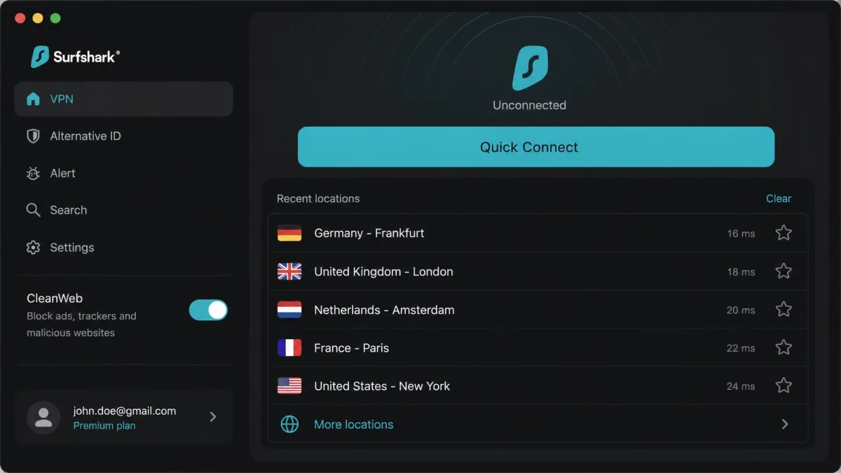 Surfshark's macOS app in dark mode showing the Quick Connect button and a list of nearby servers, with the CleanWeb toggle enabled in the sidebar.