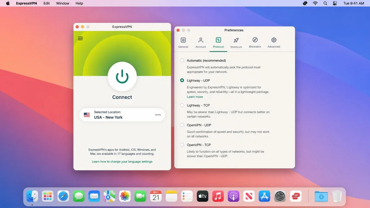 ExpressVPN's minimalist macOS app centered on the large connect button, with the selected location shown beneath it and the Lightway protocol setting visible in preferences.