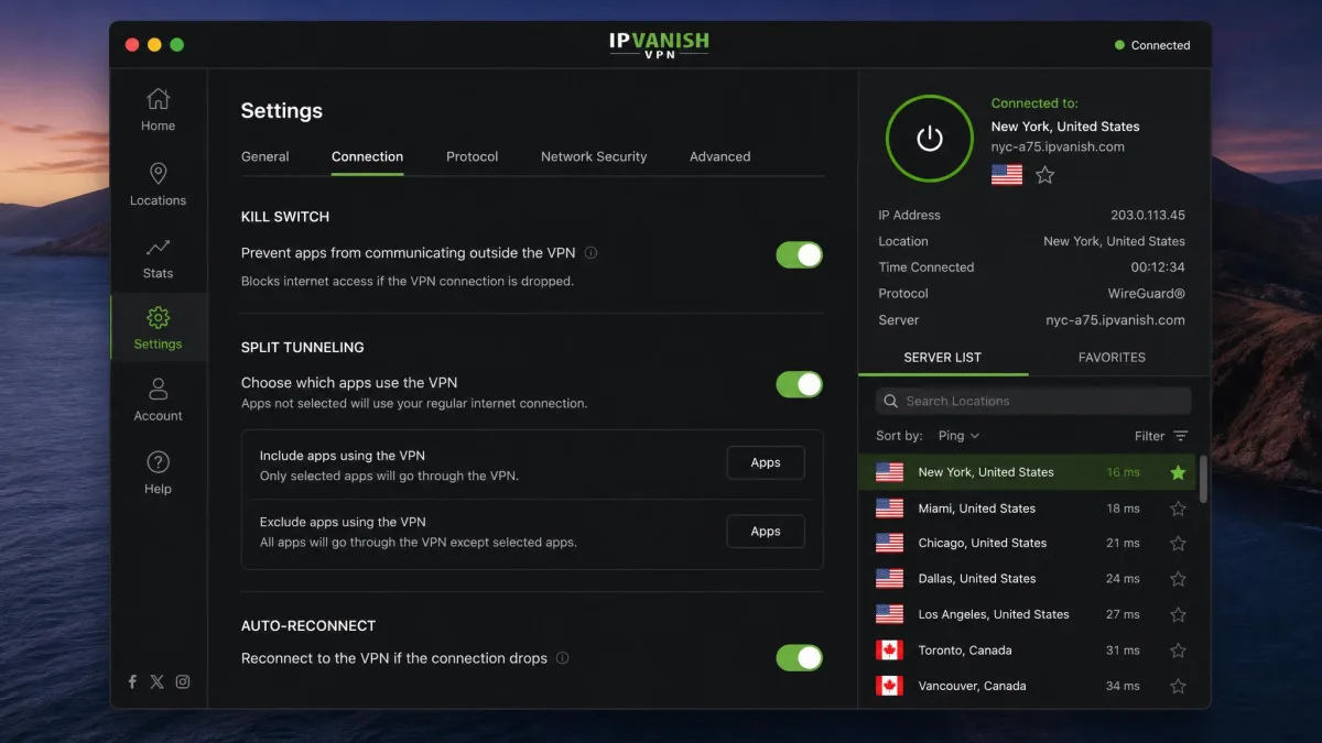 IPVanish's macOS app open on the settings screen showing the kill switch and split tunneling toggles enabled, with a server list and connection status panel alongside.