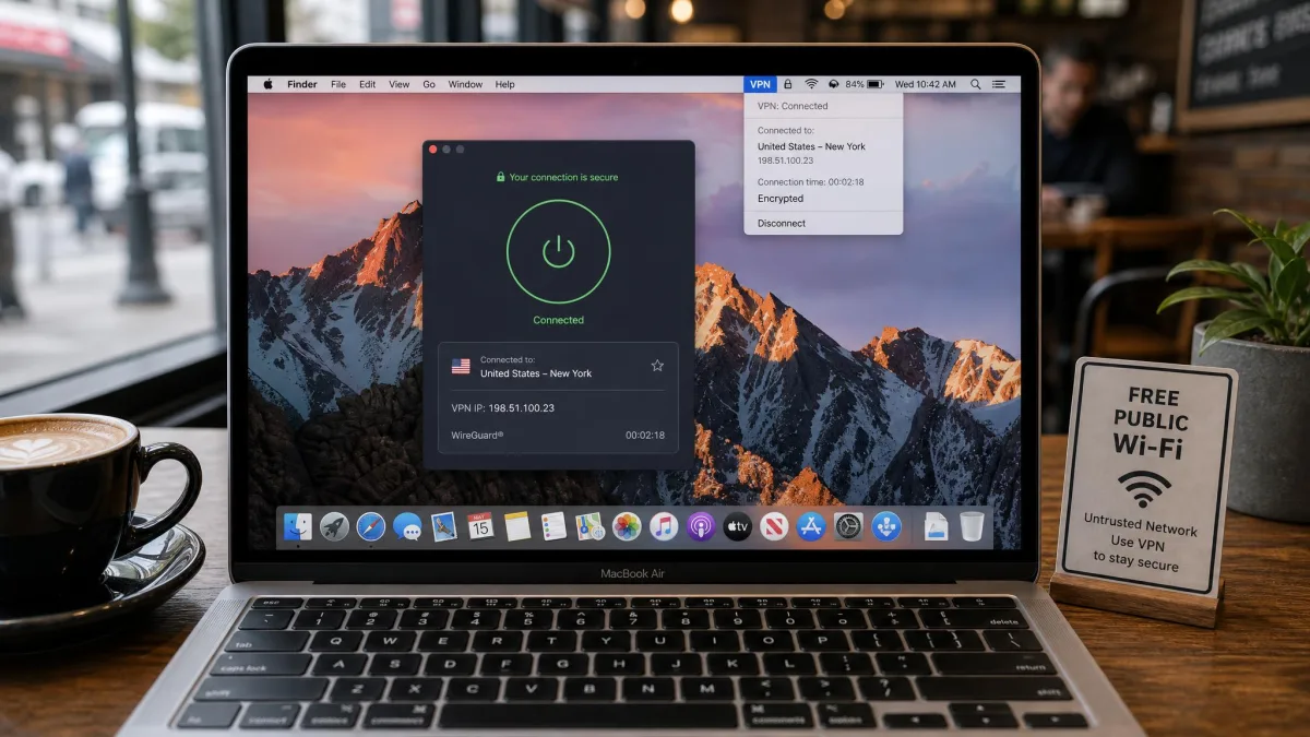 A MacBook open on a cafe table connected to public Wi-Fi with a VPN app active in the menu bar, illustrating an encrypted connection on an untrusted network.