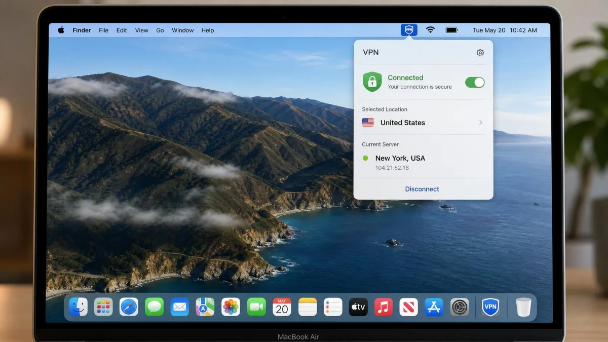 A MacBook screen showing a VPN app connected from the macOS menu bar, with the drop-down panel displaying a green connected status, the selected country, and the current server location.