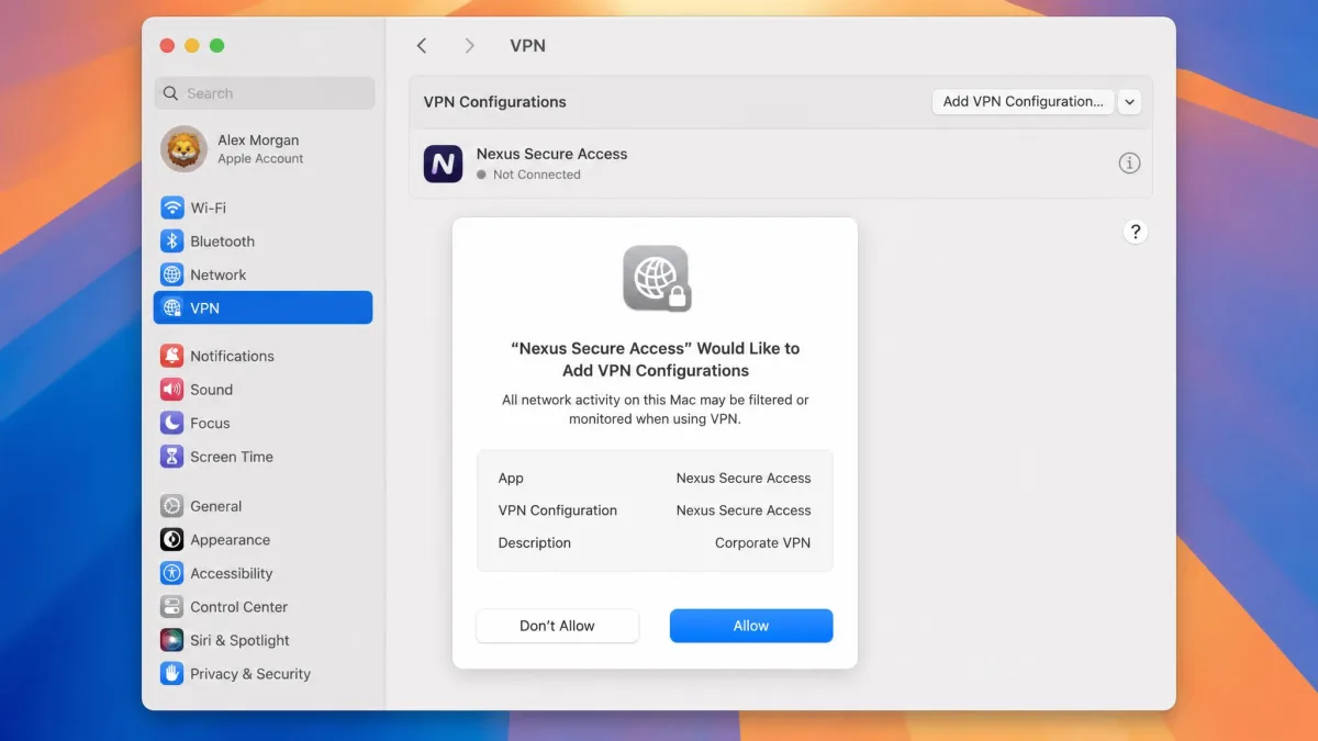 The macOS System Settings VPN screen showing a prompt to approve a new VPN configuration, with the Allow button highlighted and the app's connection profile listed.