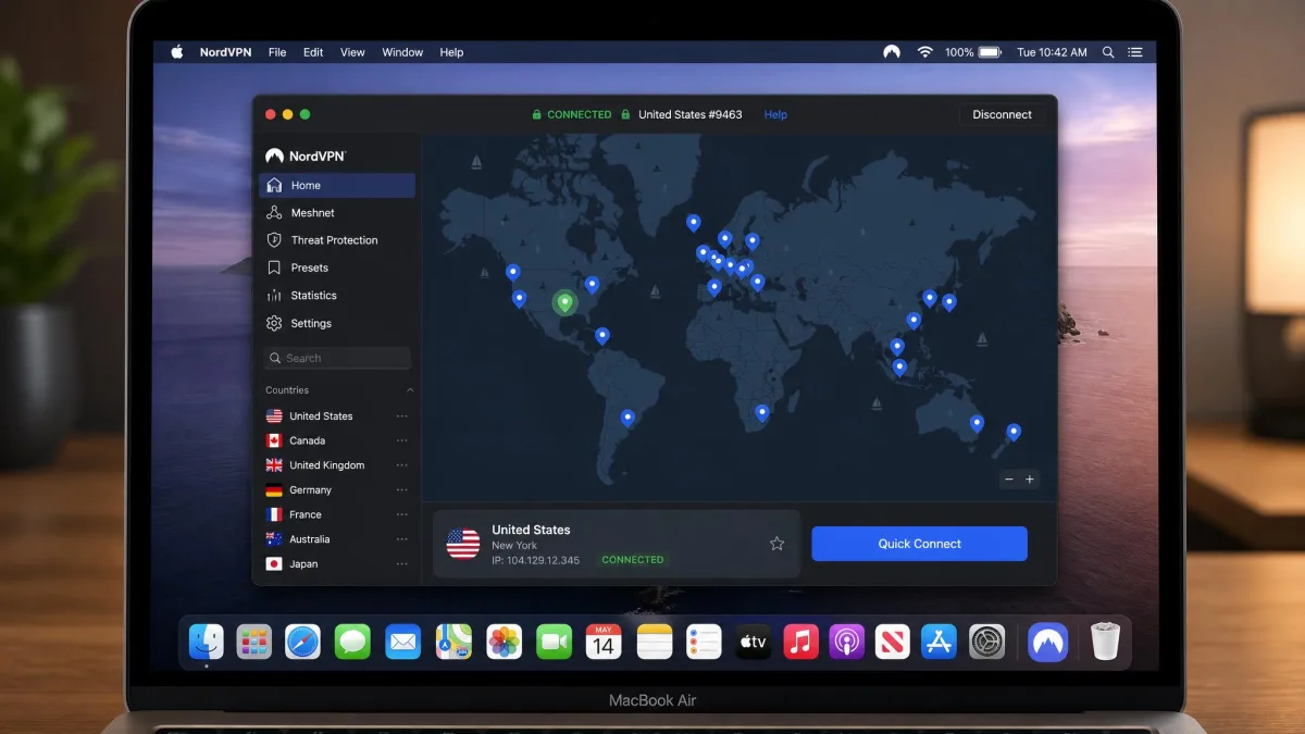 NordVPN's macOS app open on a MacBook, showing the interactive world map with server pins, a connected status bar at the top, and the quick-connect button highlighted.