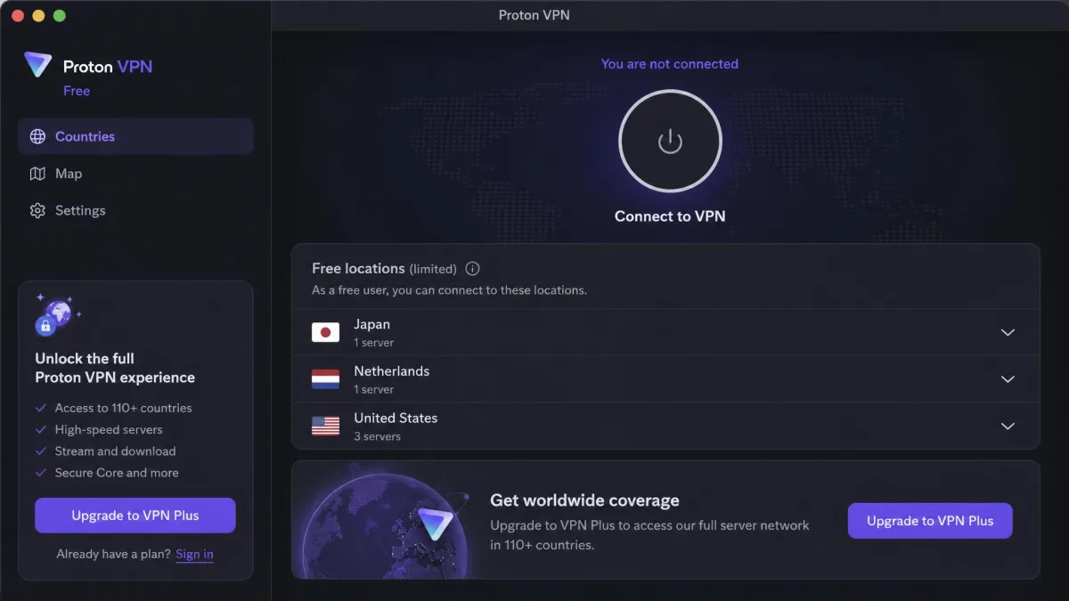 Proton VPN's free tier on a Mac showing the limited free country list with a few available locations and an upgrade prompt for the full server network.