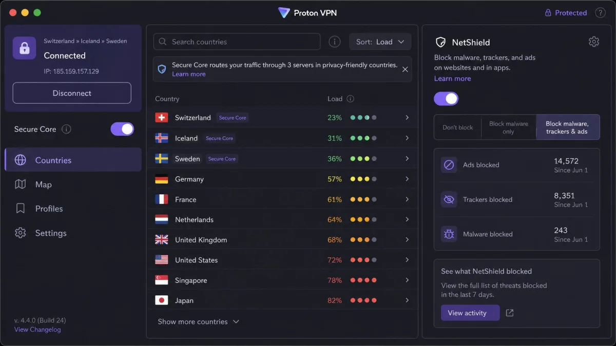 Proton VPN's open-source macOS app showing the Secure Core toggle enabled, a country list with load indicators, and the NetShield blocker panel on the right.