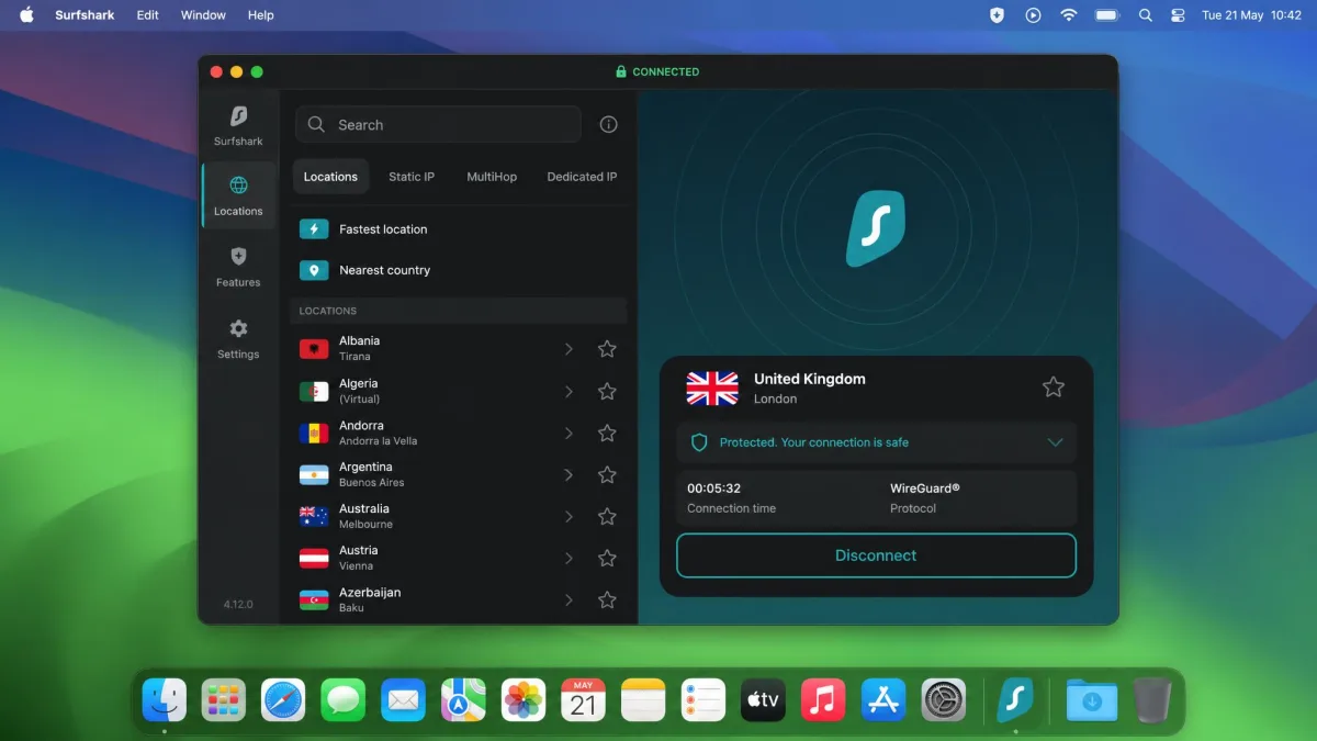 Surfshark's macOS app showing a connected session with a location list on the left, the CleanWeb toggle visible, and a green connected indicator at the top of the window.