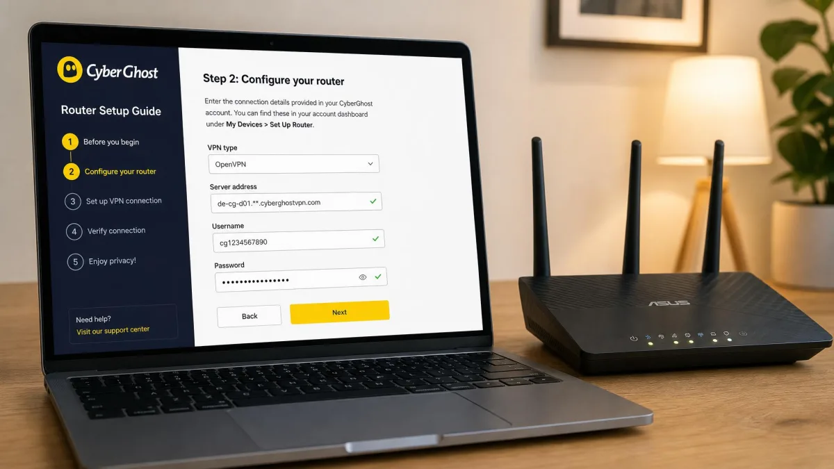 CyberGhost's step-by-step router setup guide open on a laptop next to a home router, showing the connection fields being filled in during a first-time configuration.