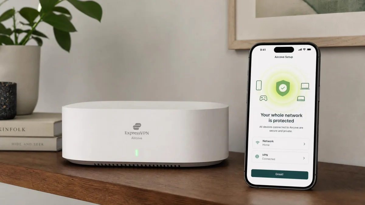 An ExpressVPN Aircove router on a shelf with its status light on, and a phone nearby showing the Aircove setup screen confirming the whole network is protected.