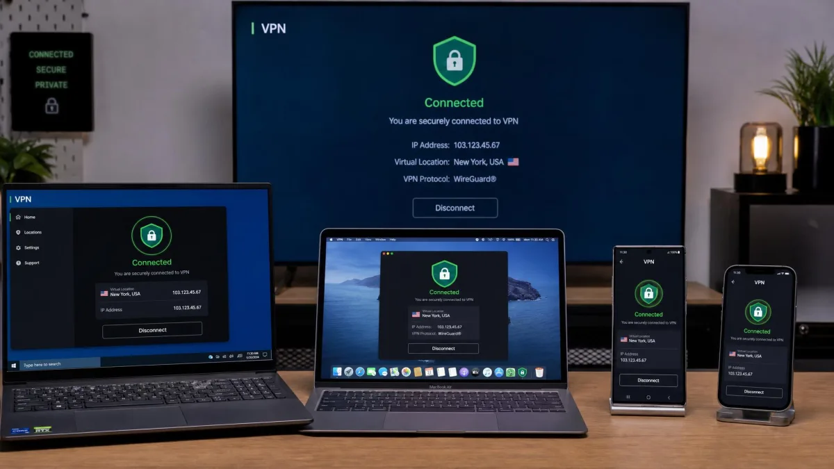 A test bench with a Windows laptop, MacBook, Android phone, iPhone, and a smart TV all connected to the same VPN account at once, each screen showing an active VPN connection status.