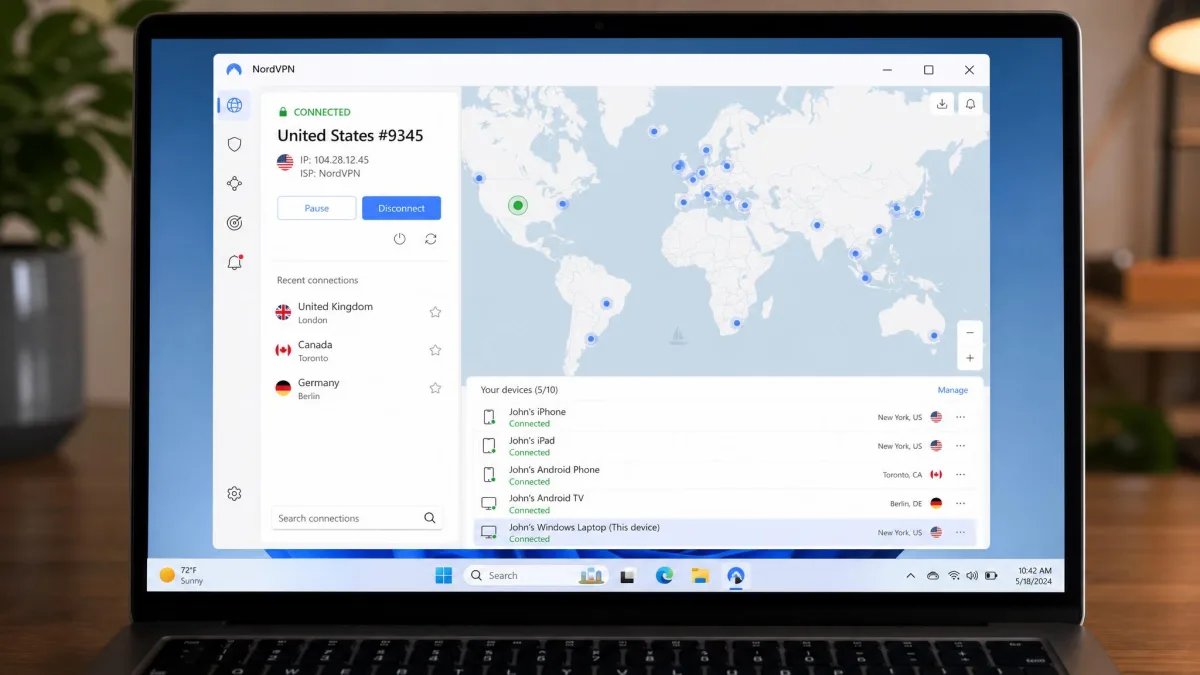 NordVPN's app open on a Windows laptop showing an active connection, with the account's device list confirming several connected devices across phone, tablet, and TV.