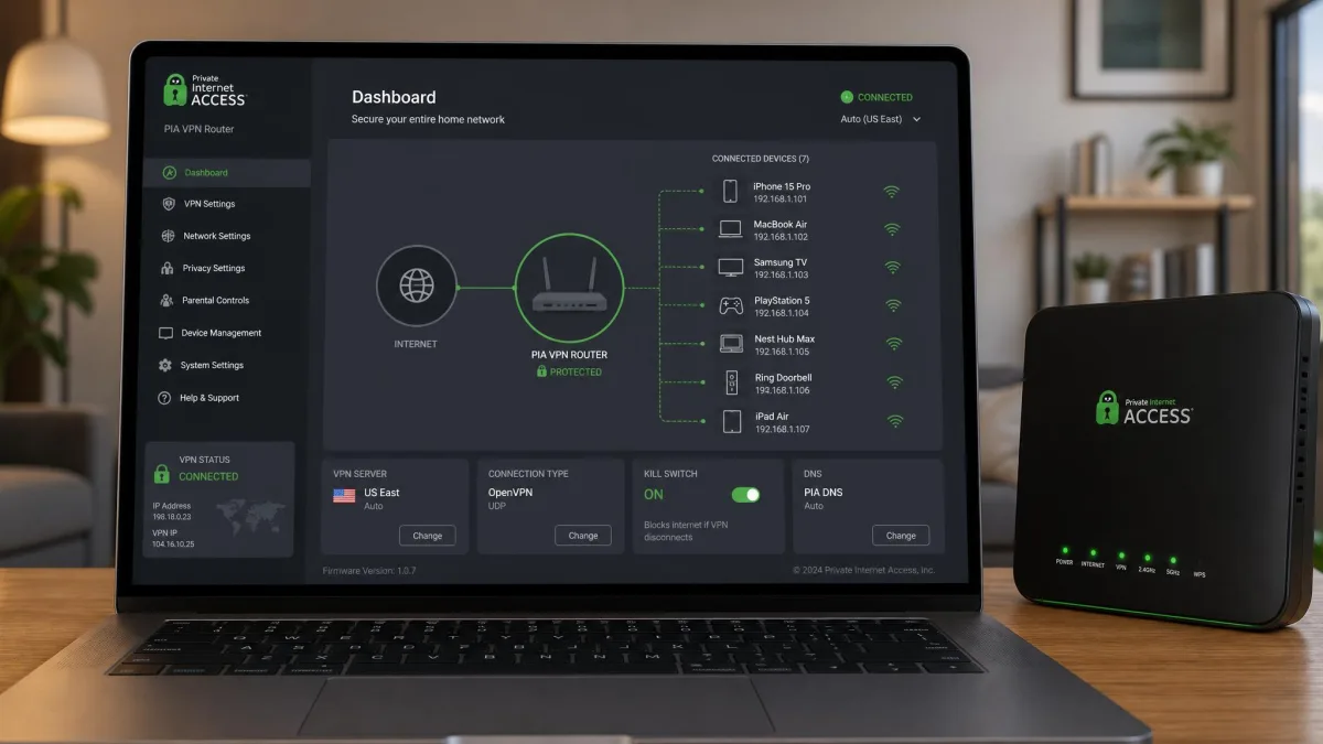 A Private Internet Access router configuration screen open on a laptop, with several household devices connected through the router to show whole-home coverage on one slot.