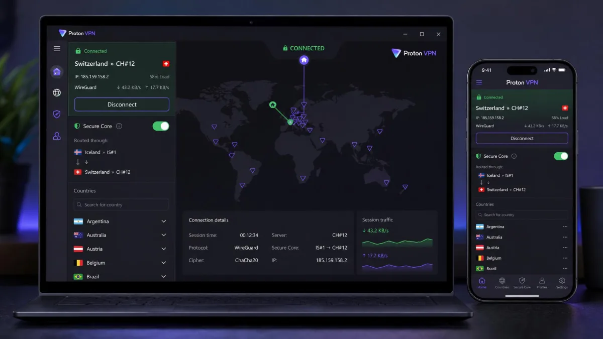 Proton VPN's desktop app showing Secure Core enabled and an active connection, with a phone beside it running the Proton VPN app on the same account.