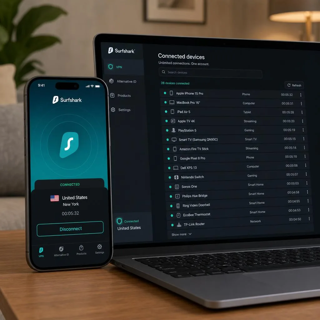 Surfshark's app open on a phone showing an active connection, alongside a laptop screen listing a long set of connected household devices to illustrate unlimited connections.