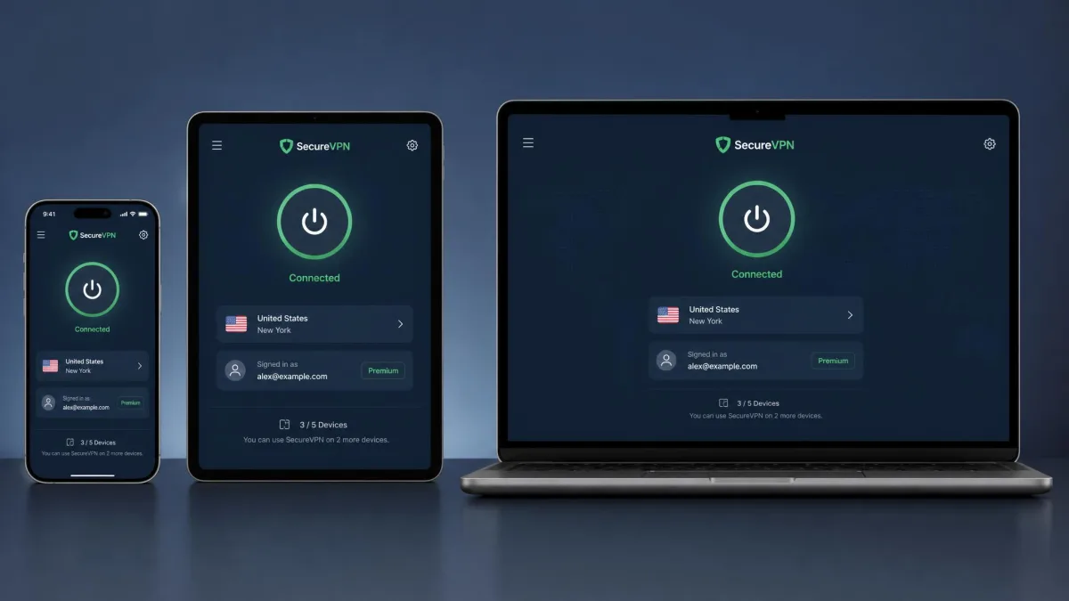 A phone, tablet, and laptop side by side, each showing the same VPN app connected and signed in to one shared account during a multi-device setup.