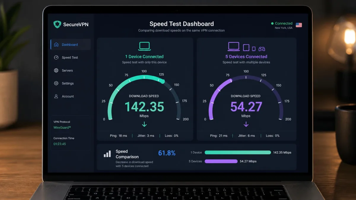 A speed test dashboard on a laptop comparing download speeds with one device connected versus several devices connected at once through the same VPN.