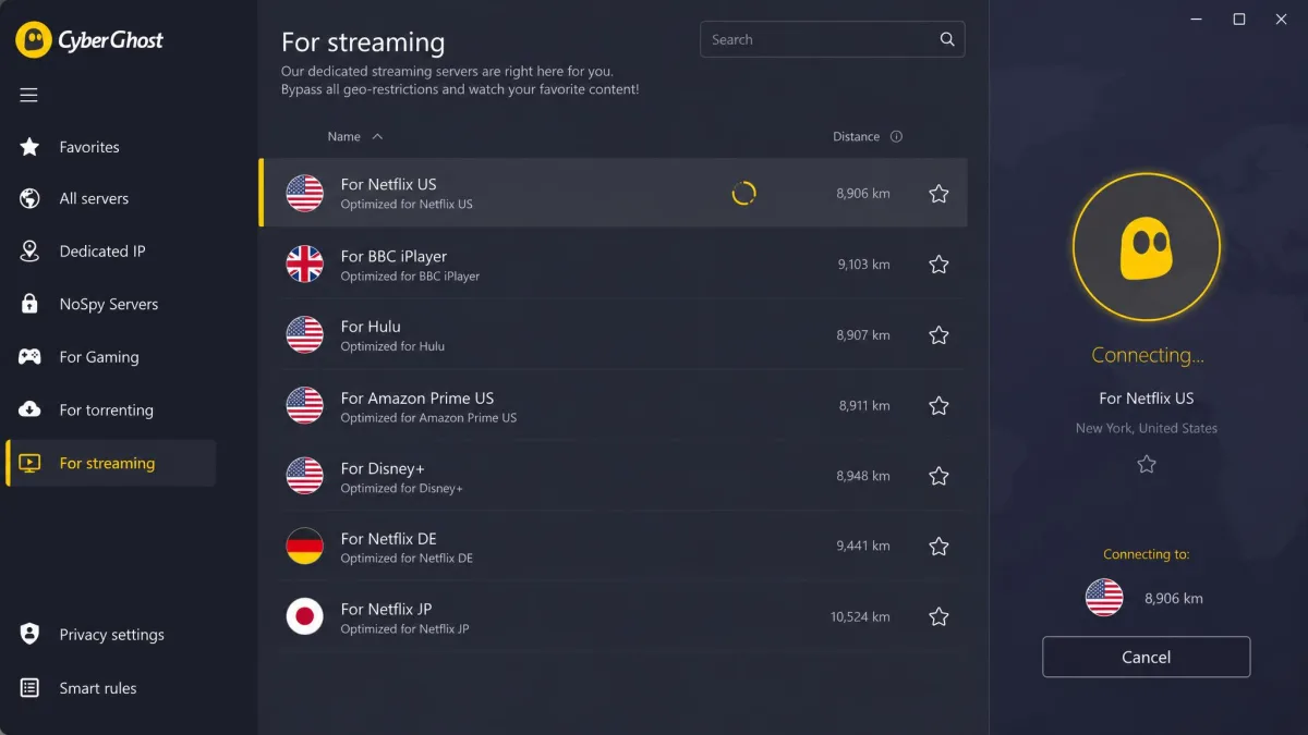 CyberGhost app streaming tab showing a list of servers labeled by platform, including For Netflix US and For BBC iPlayer, with one server selected and connecting.