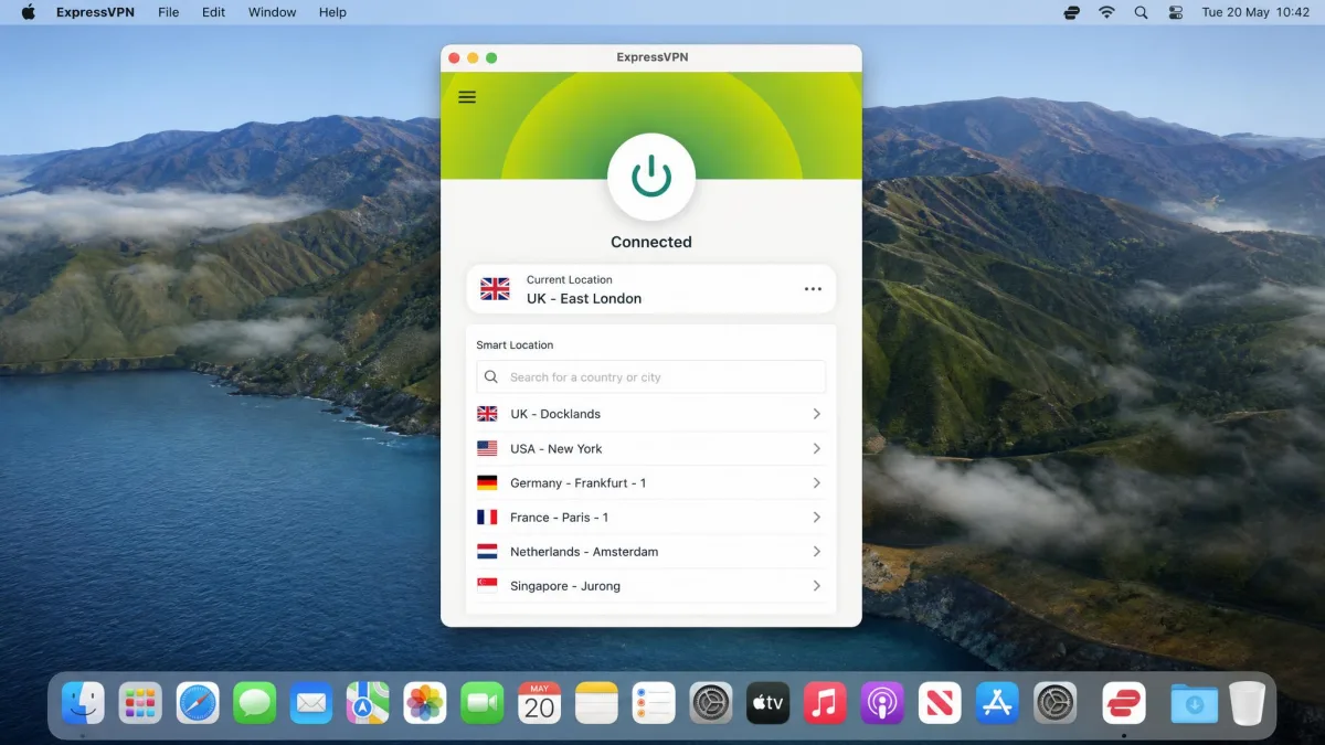 The ExpressVPN app open on macOS showing the smart location list and a search box, with the connection status bar green and connected to a UK server.