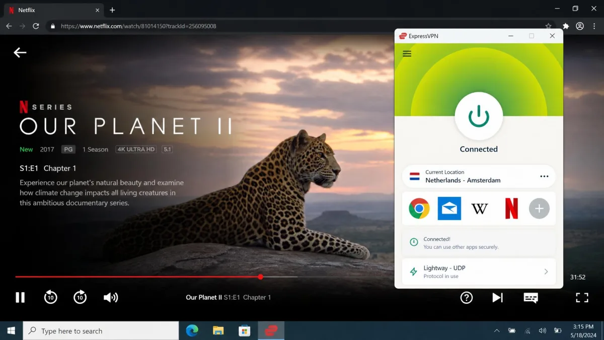 ExpressVPN desktop app showing the Lightway protocol connected to a Netherlands server, with a Netflix 4K title playing smoothly in the background.