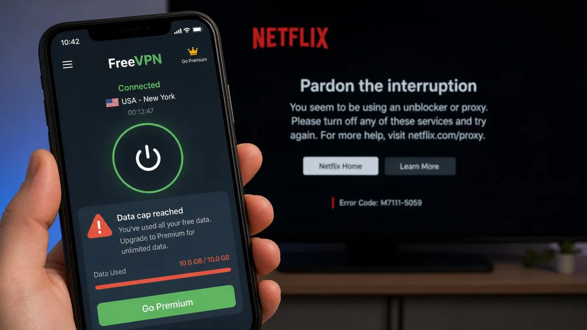 A phone showing a free VPN app that has hit its data cap, with a Netflix proxy error visible behind it, illustrating why free VPNs fail for streaming.