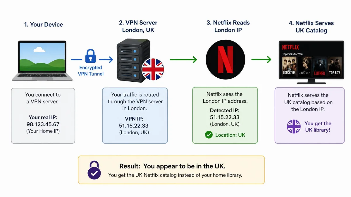 A simple flow diagram showing a laptop connecting through a VPN server in London, with Netflix reading the London IP address and serving the UK catalog instead of the user's home library.